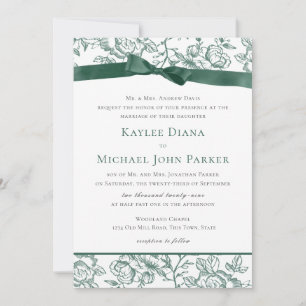 French Toile and Sage Green Bow Invitation