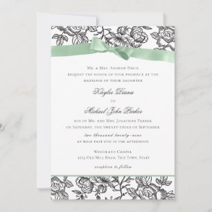 French Toile and Sage Green Bow Invitation