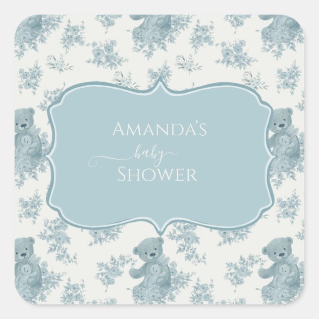 French Toile Bear and Bunny Baby Shower Square Sticker (Front)