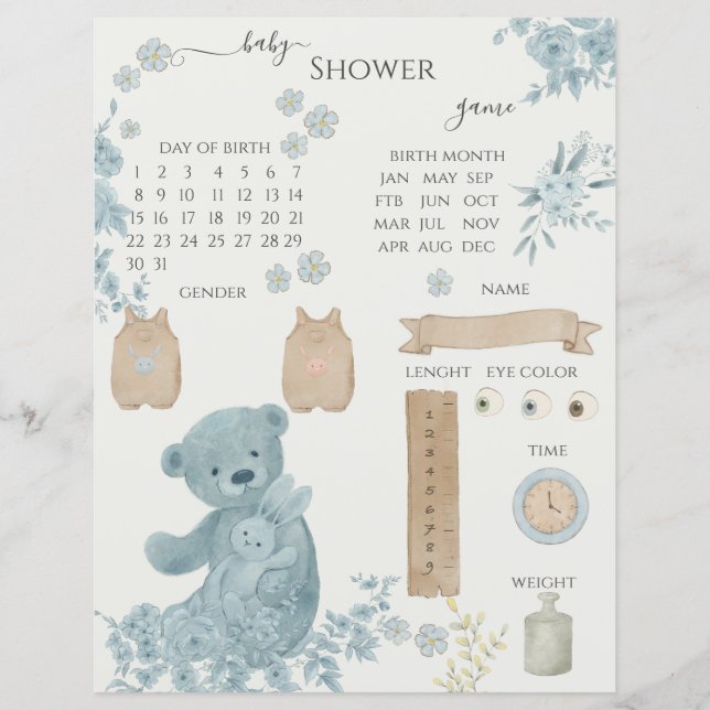 French Toile Bear Shower Guessing Game (Front)