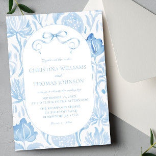 French Toile Blue Bow Wedding Invitation