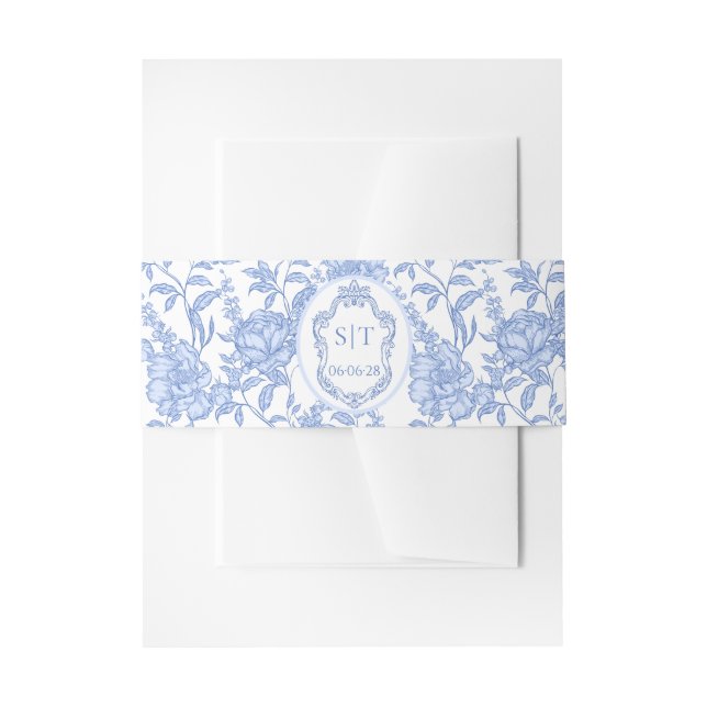 French Toile Blue Floral Chinoiserie Monogram Invitation Belly Band (Front Example)