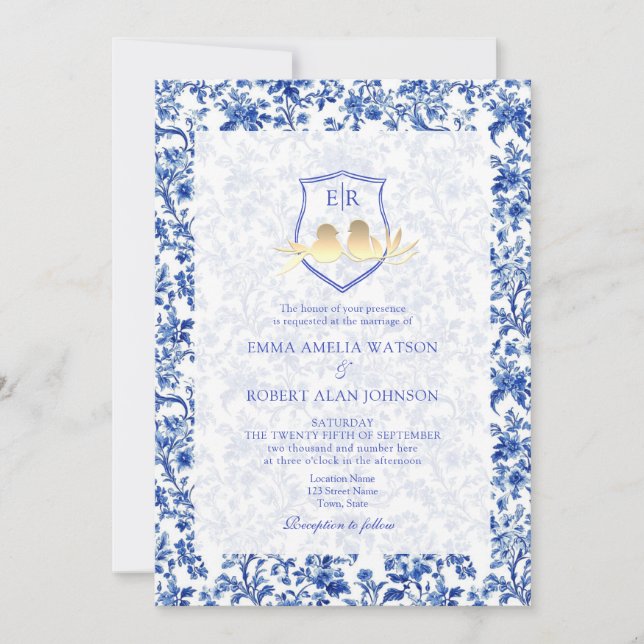 French Toile Blue Floral Crest Wedding Invitation (Front)