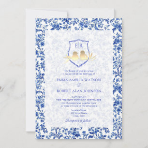 French Toile Blue Floral Crest Wedding Invitation