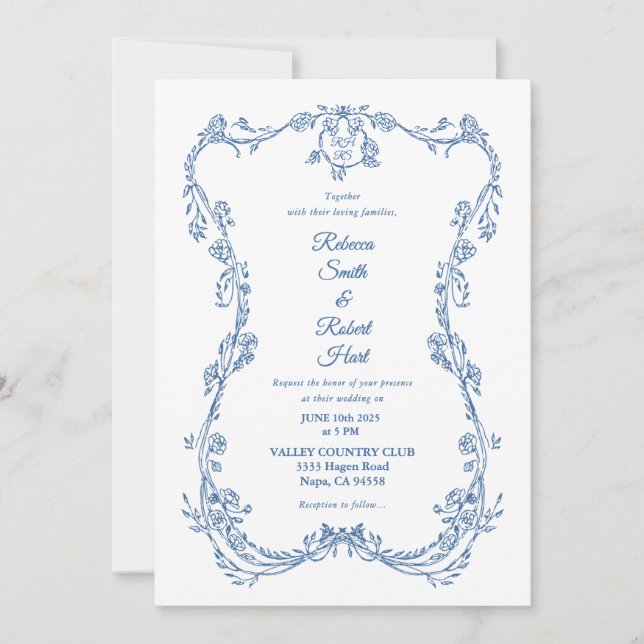 French Toile Blue Invitation 05 (Front)