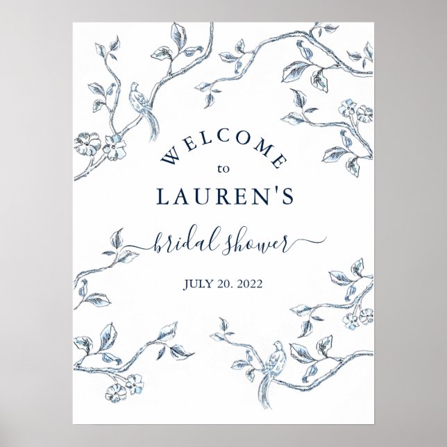 French Toile Blue & white Bridal shower Welcome  Poster (Front)