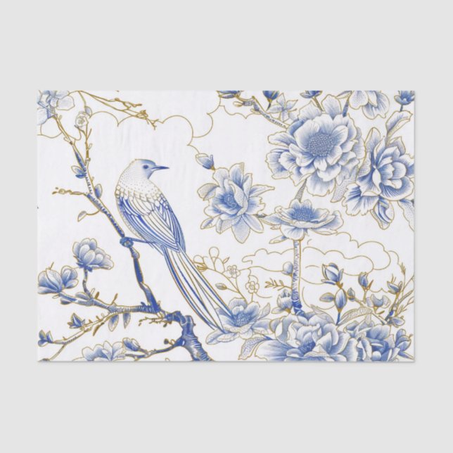 French-Toile Chinoiserie Bird in Blue and Gold Tissue Paper (Front)