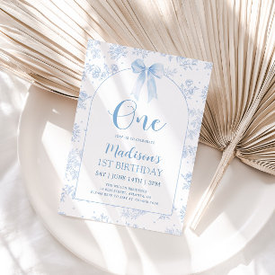 French Toile Chinoiserie Blue Bow 1st Birthday Invitation