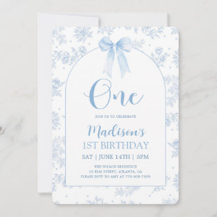 French Toile Chinoiserie Blue Bow 1st Birthday Invitation