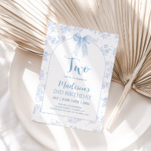 French Toile Chinoiserie Blue Bow 2nd Birthday Invitation