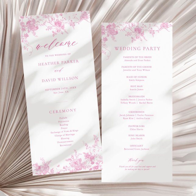 French Toile Classic Pink Floral Wedding Programme (Creator Uploaded)