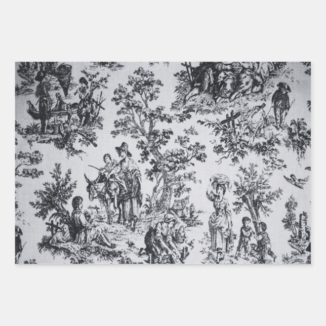 French toile de jouy black and white decoupage wrapping paper sheet (Front)