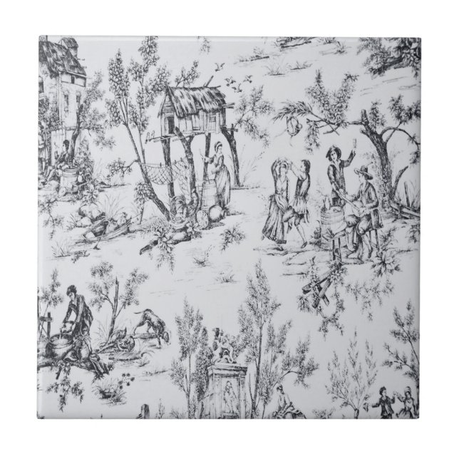 French toile de jouy black and white elegant art tile (Front)