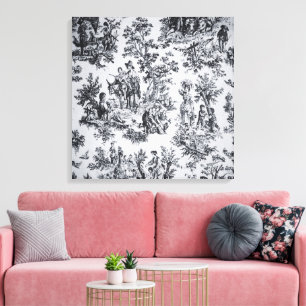 French toile de jouy black and white elegant canvas print