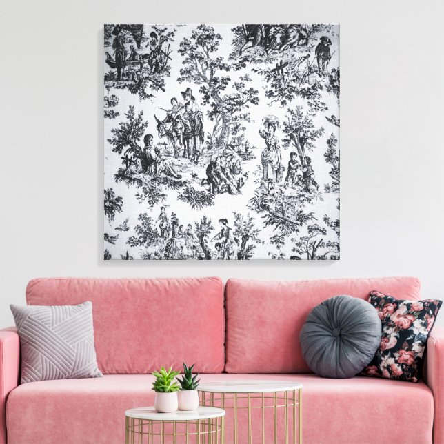 French toile de jouy black and white elegant canvas print (Insitu(LivingRoom))