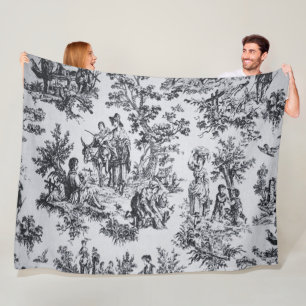 French toile de jouy black and white elegant fleece blanket