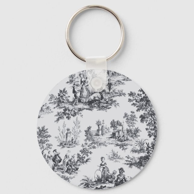 French toile de jouy black and white elegant key ring (Front)