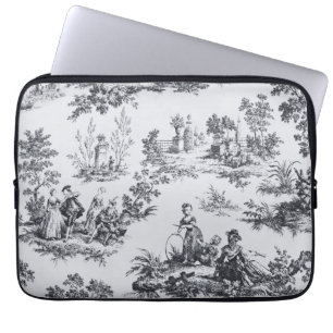 French toile de jouy black and white elegant laptop sleeve