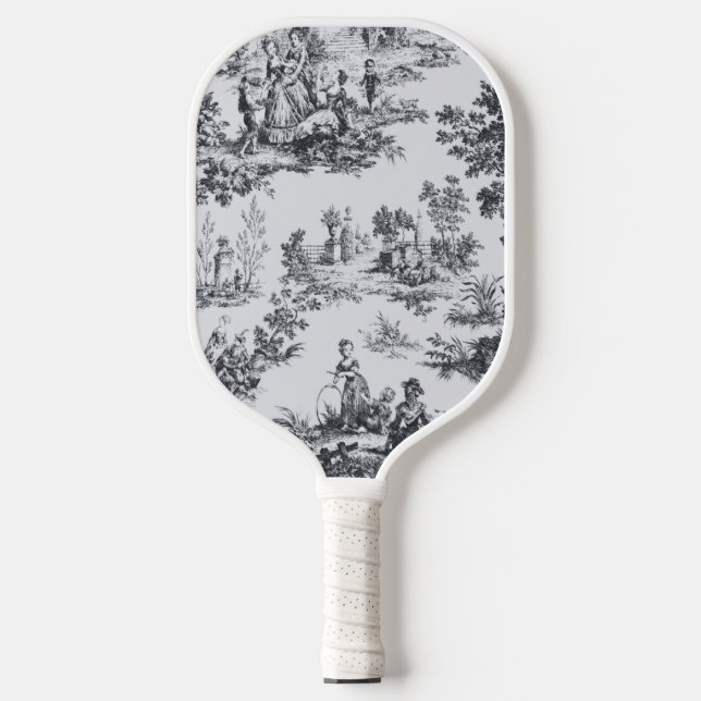 French toile de jouy black and white elegant pickleball paddle (Front)