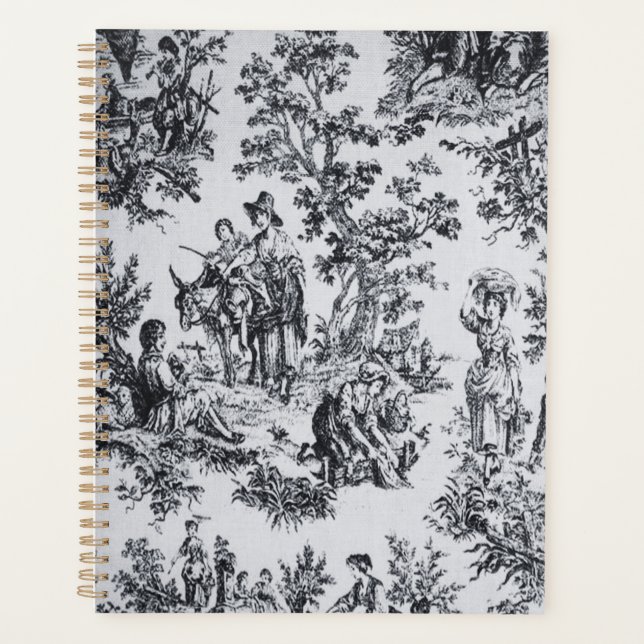 French toile de jouy black and white elegant planner (Front)