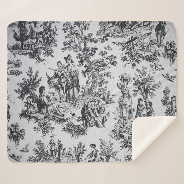 French toile de jouy black and white elegant sherpa blanket (Front (Horizontal))