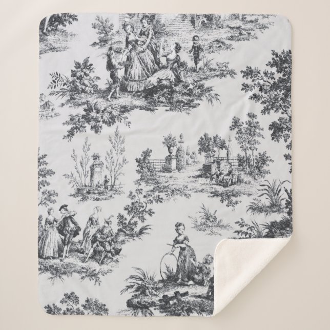 French toile de jouy black and white elegant sherpa blanket (Front)