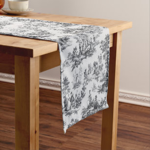 French toile de jouy black and white elegant short table runner