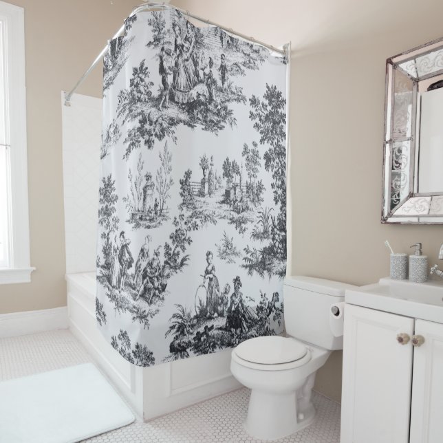 French toile de jouy black and white elegant shower curtain (In Situ)