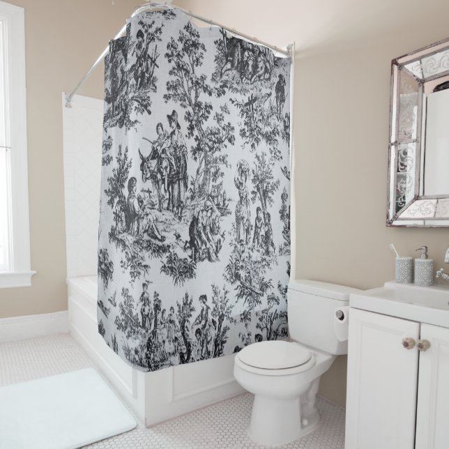 French toile de jouy black and white elegant  shower curtain (In Situ)