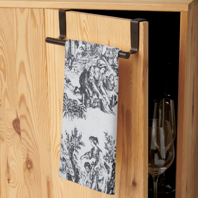 French toile de jouy black and white elegant tea towel (Thirds Fold)