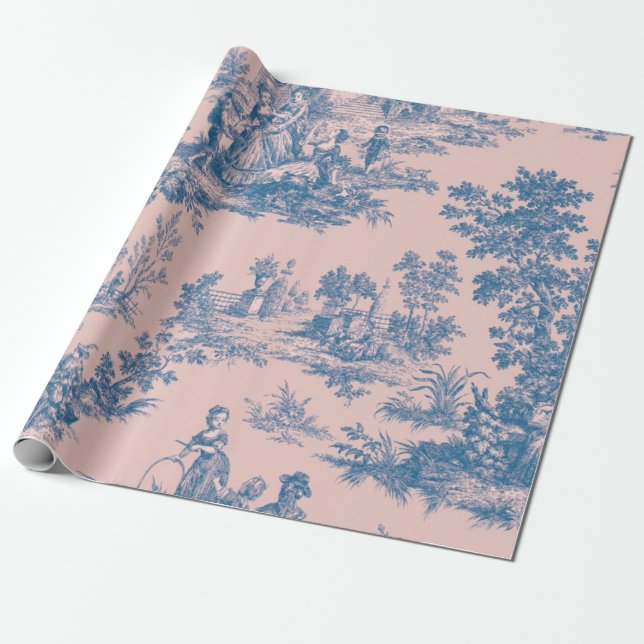 French toile de jouy blue and pink decoupage wrapping paper (Unrolled)