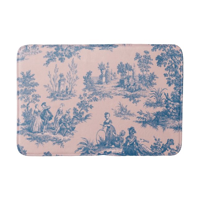 French toile de jouy blue and pink elegant bath mat (Front)