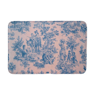 French toile de jouy blue and pink elegant bath mat