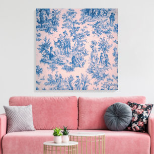 French toile de jouy blue and pink elegant canvas print