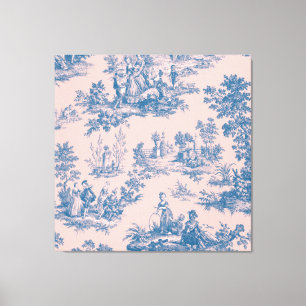 French toile de jouy blue and pink elegant canvas print