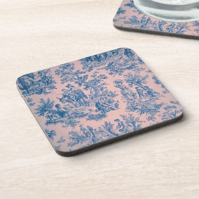French toile de jouy blue and pink elegant coaster (Left Side)