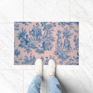 French toile de jouy blue and pink elegant doormat
