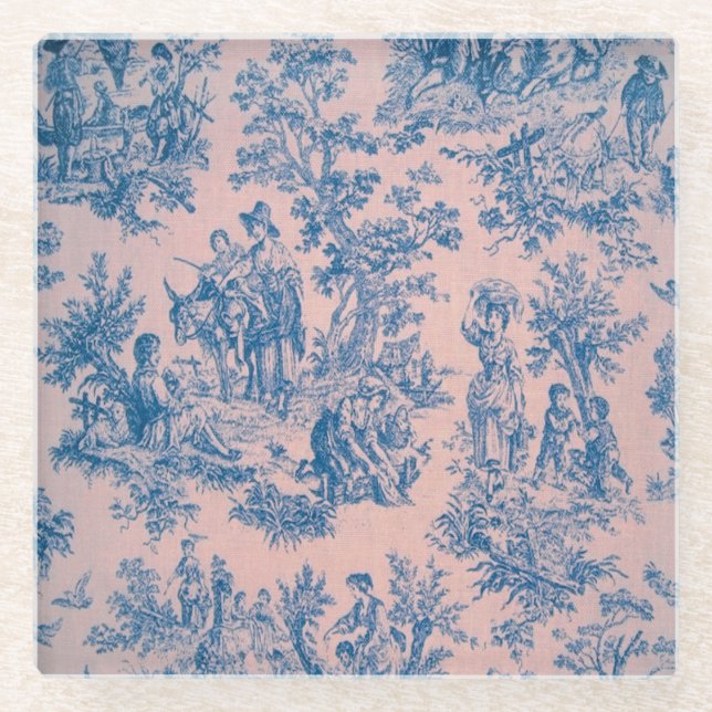 French toile de jouy blue and pink elegant glass coaster (Front)