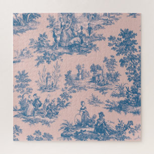 French toile de jouy blue and pink elegant jigsaw puzzle