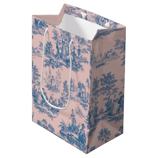 French toile de jouy blue and pink elegant medium gift bag (Front Angled)