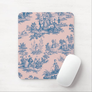 French toile de jouy blue and pink elegant mouse mat