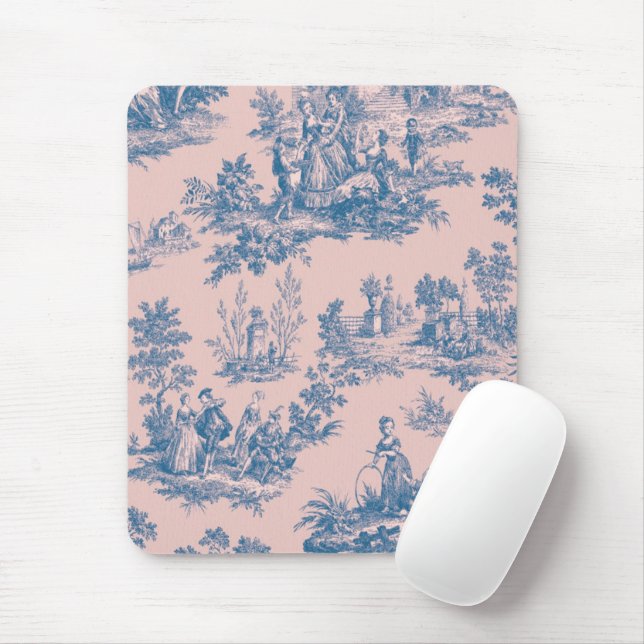 French toile de jouy blue and pink elegant mouse mat (With Mouse)