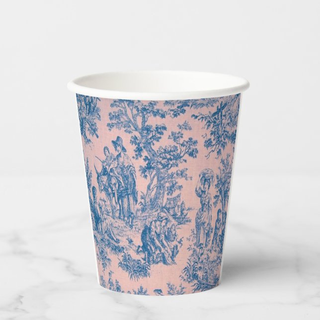 French toile de jouy blue and pink elegant paper cups (Front)
