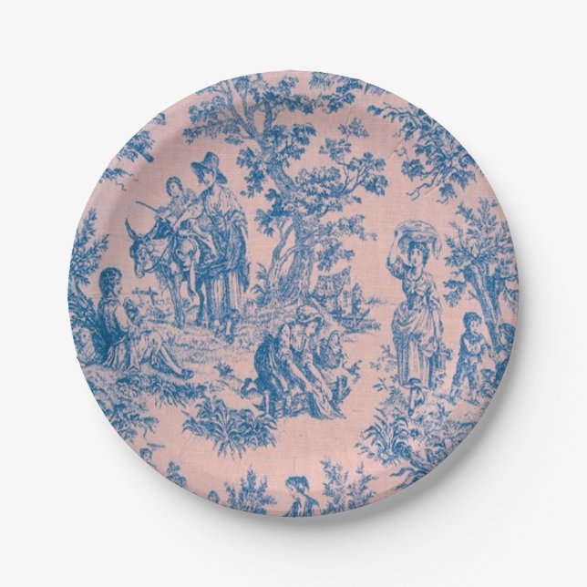 French toile de jouy blue and pink elegant paper plate (Front)