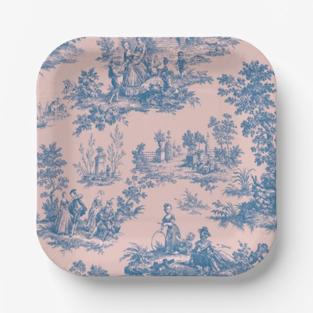 French toile de jouy blue and pink elegant paper plate (Front)