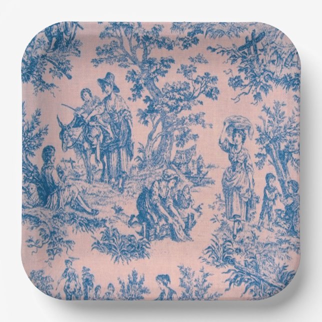 French toile de jouy blue and pink elegant paper plate (Front)