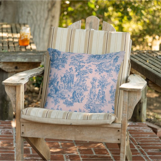 French toile de jouy blue and pink elegant patio cushion (Chair)