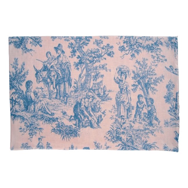 French toile de jouy blue and pink elegant pillowcase (Front)