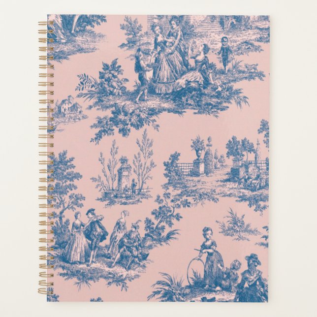 French toile de jouy blue and pink elegant planner (Front)