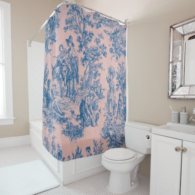 French toile de jouy blue and pink elegant shower curtain (In Situ)